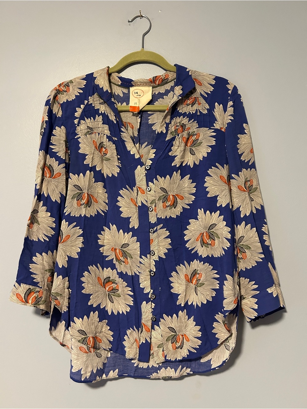 Anthropologie Blue Floral Button-Front Shirt with Cream & Orange Accents